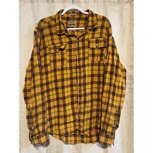 Free Nature Flannel Shirt Mens XL Yellow Brown Plaid Button Outdoor Cabin Rustic
